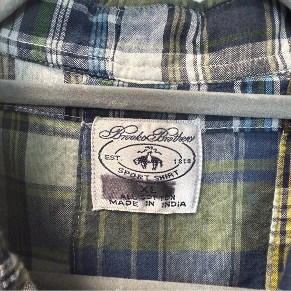 Brooks Brothers Vintage Y2K Patchwork Cotton Shirt Long Sleeve Green Blue Plaid‎ - Picture 3 of 6